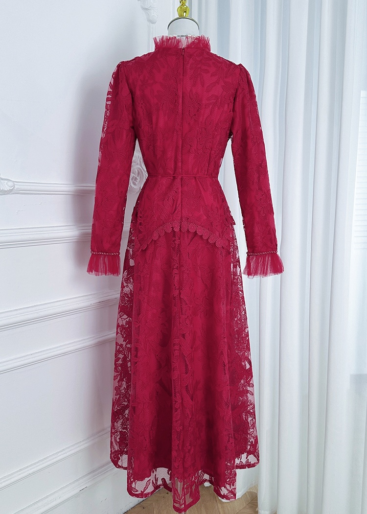 Embroidered court style temperament beading splice fold dress