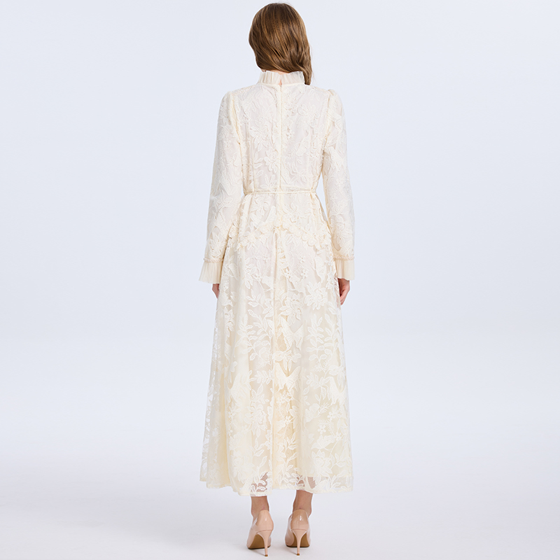 Embroidered court style temperament beading splice fold dress