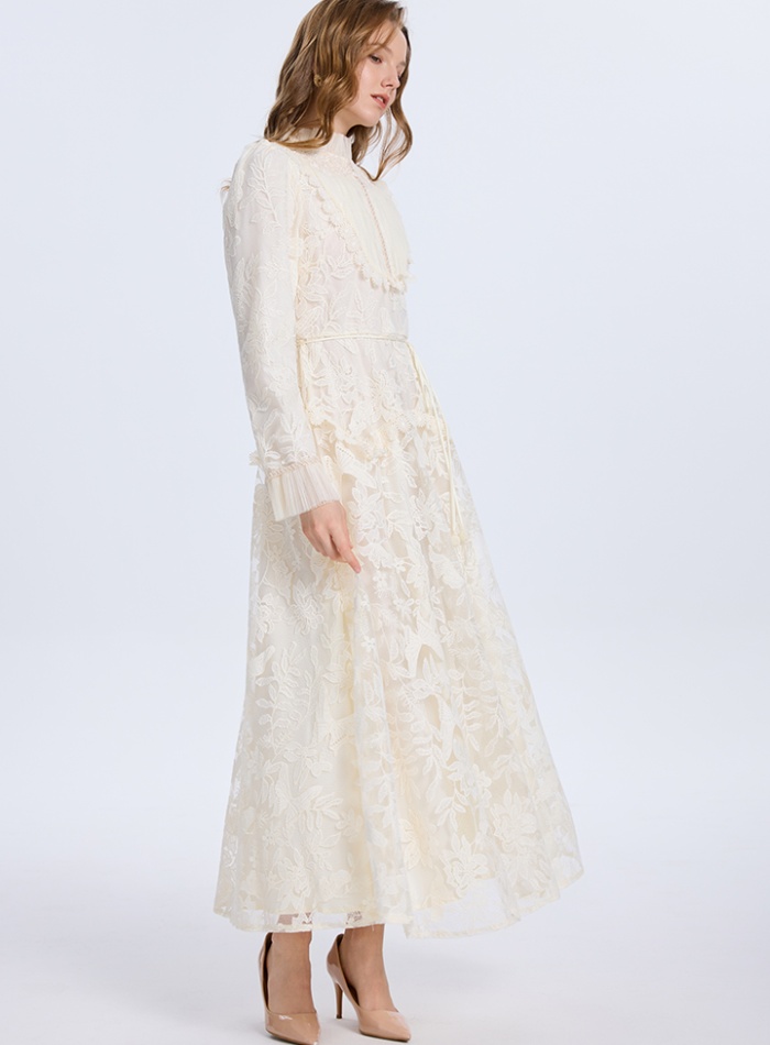 Embroidered court style temperament beading splice fold dress