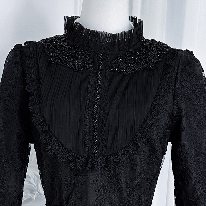 Embroidered court style temperament beading splice fold dress