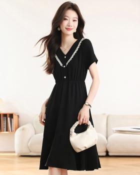 Slim temperament France style chiffon V-neck black dress