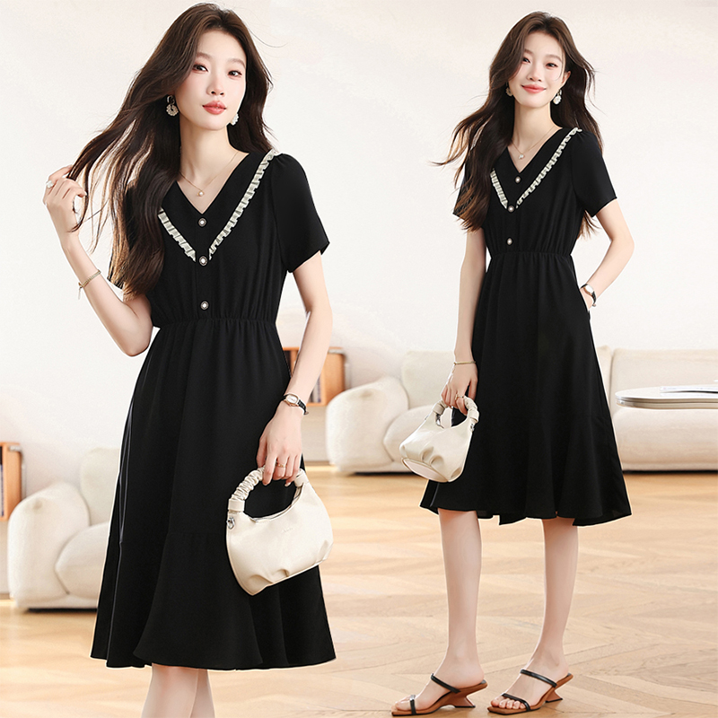 Slim temperament France style chiffon V-neck black dress