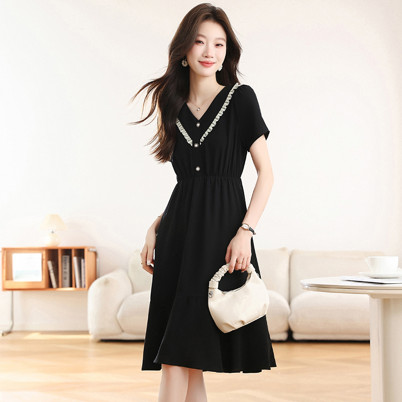 Slim temperament France style chiffon V-neck black dress