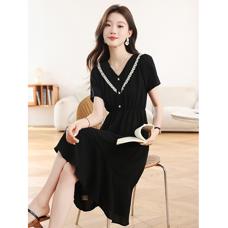 Slim temperament France style chiffon V-neck black dress