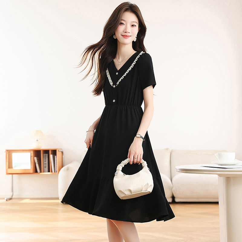 Slim temperament France style chiffon V-neck black dress