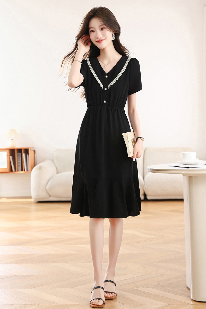 Slim temperament France style chiffon V-neck black dress