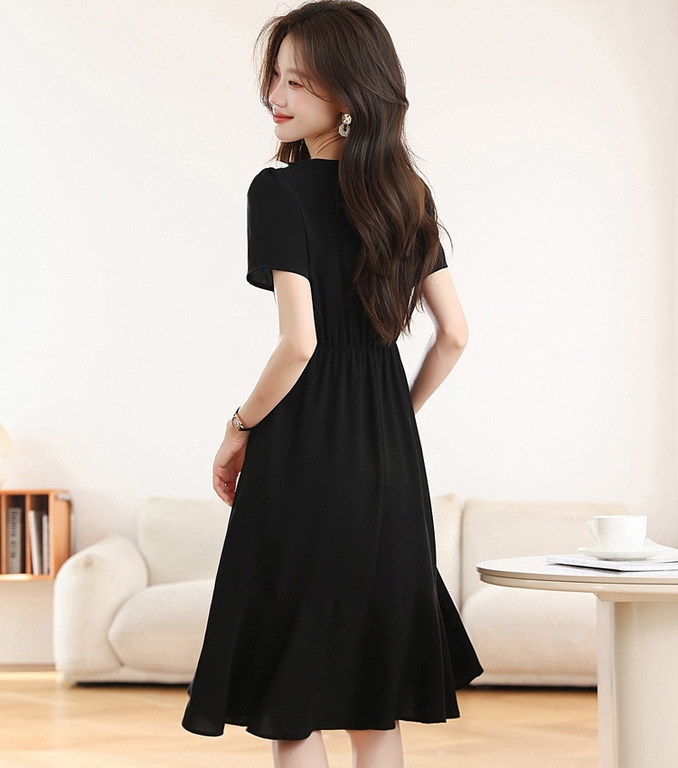 Slim temperament France style chiffon V-neck black dress