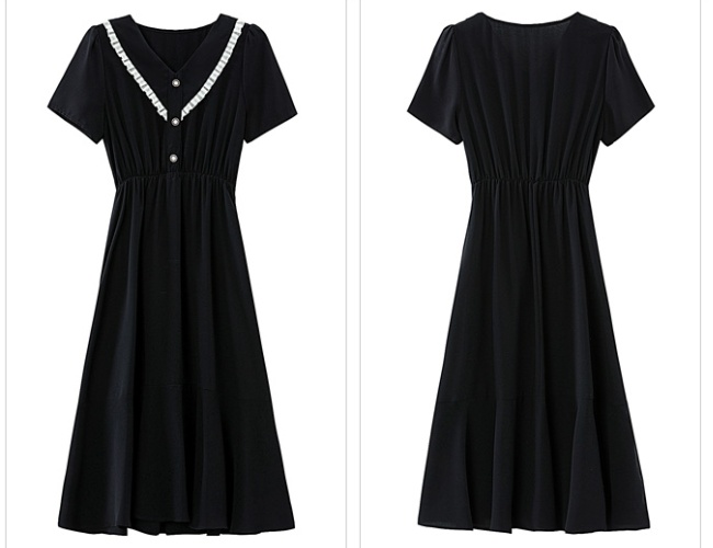 Slim temperament France style chiffon V-neck black dress