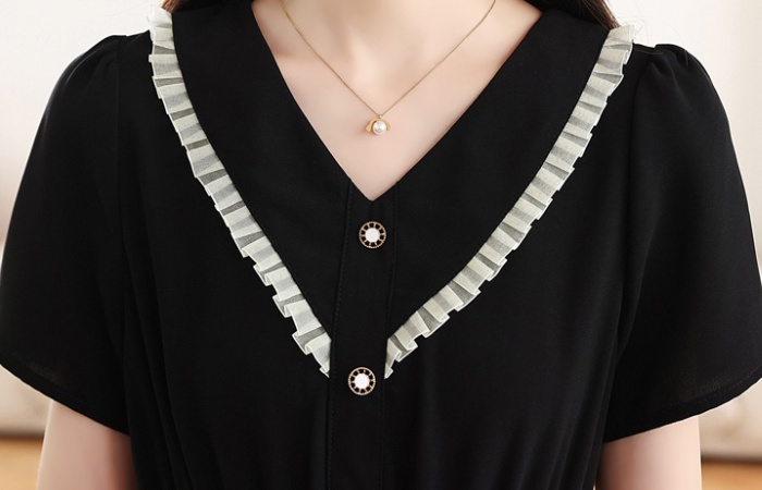 Slim temperament France style chiffon V-neck black dress