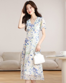Puff sleeve chiffon white floral pinched waist dress