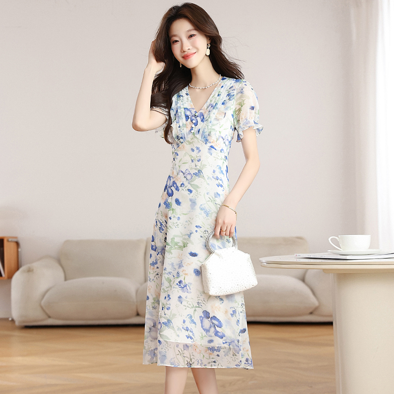 Puff sleeve chiffon white floral pinched waist dress