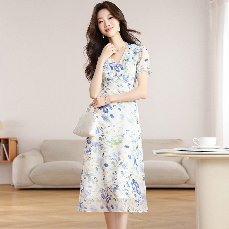 Puff sleeve chiffon white floral pinched waist dress