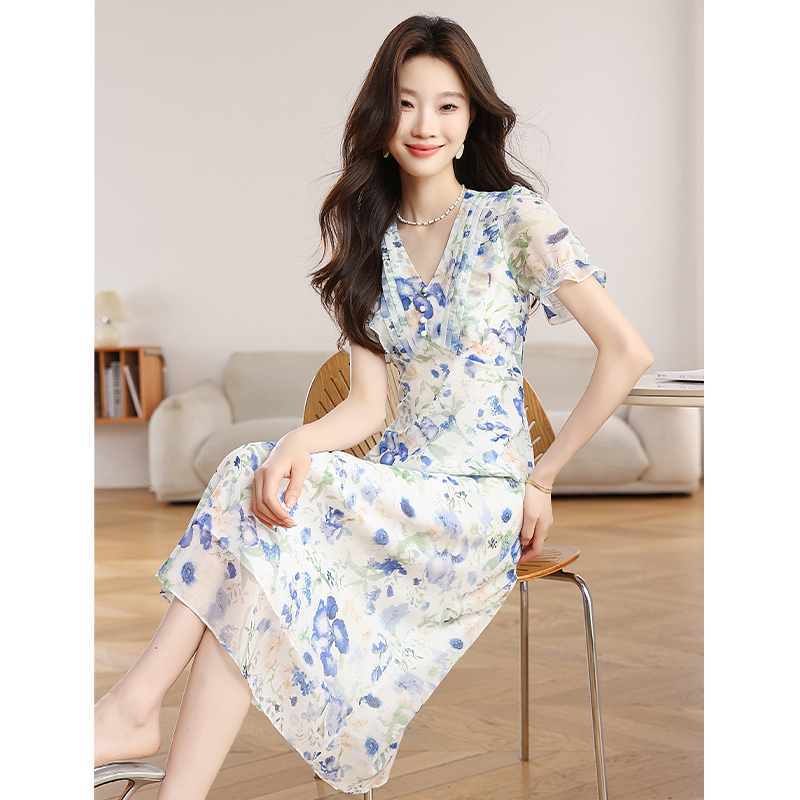 Puff sleeve chiffon white floral pinched waist dress