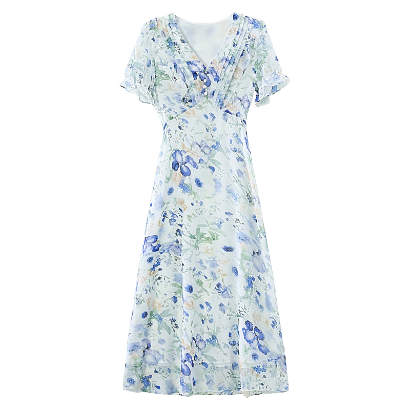 Puff sleeve chiffon white floral pinched waist dress