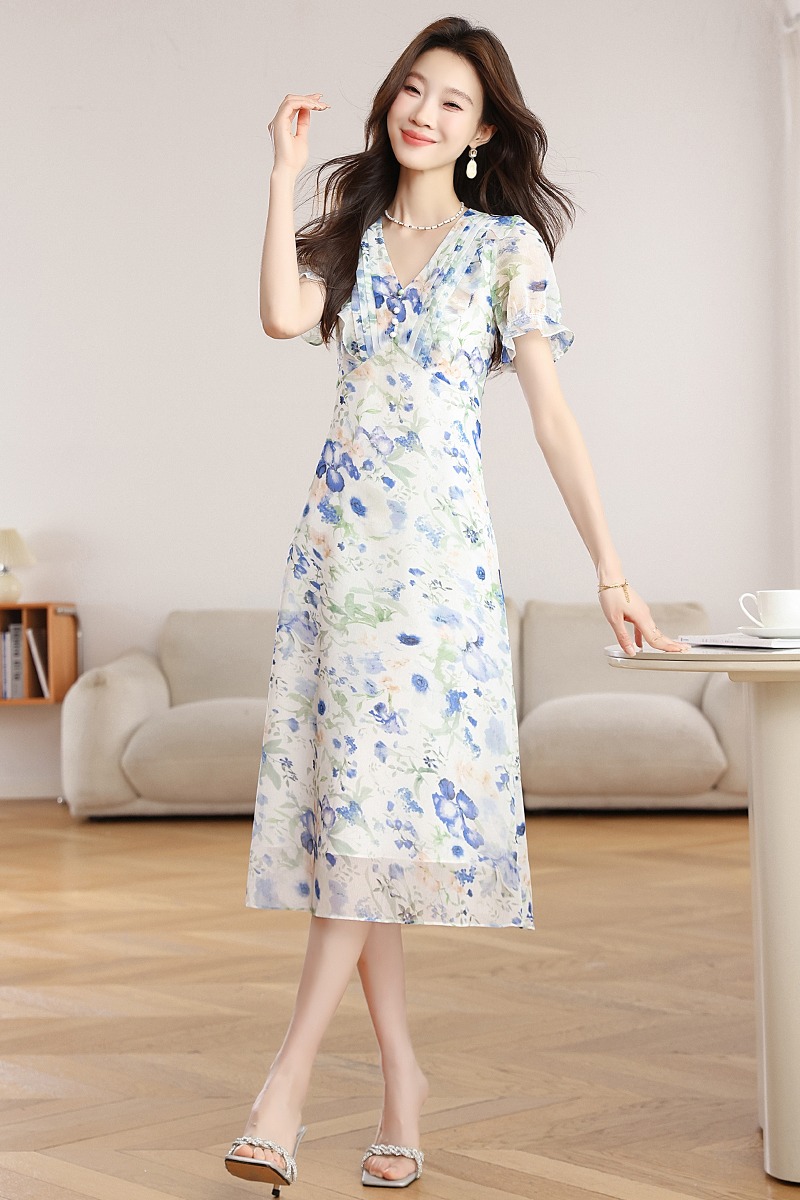 Puff sleeve chiffon white floral pinched waist dress