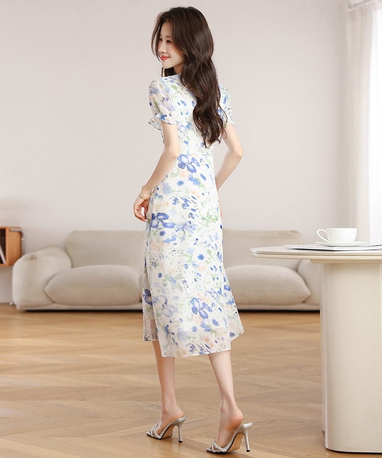 Puff sleeve chiffon white floral pinched waist dress