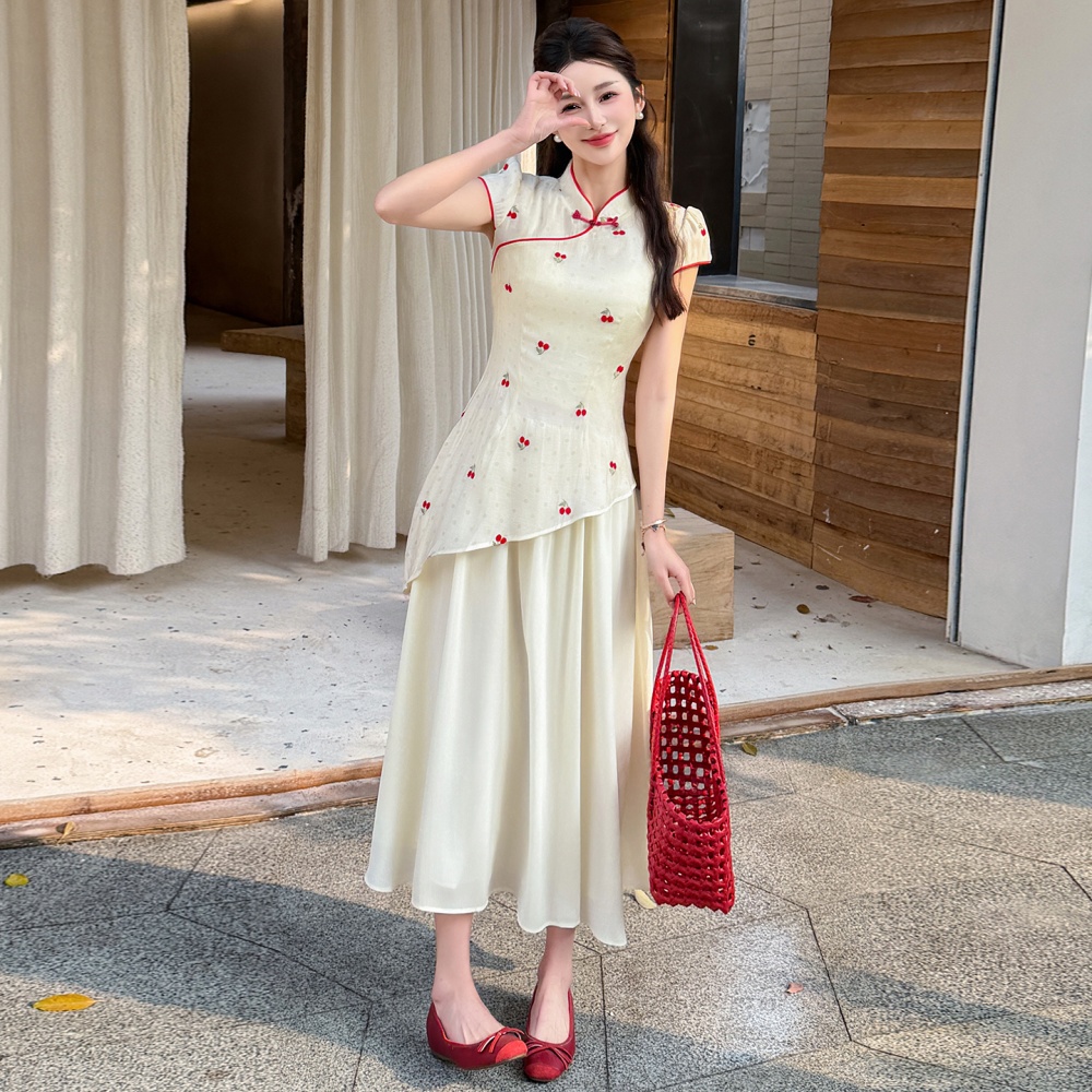 Splice summer embroidery dress big skirt sweet cheongsam