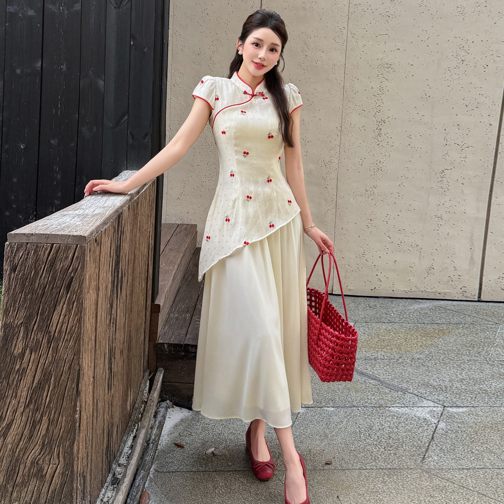 Splice summer embroidery dress big skirt sweet cheongsam