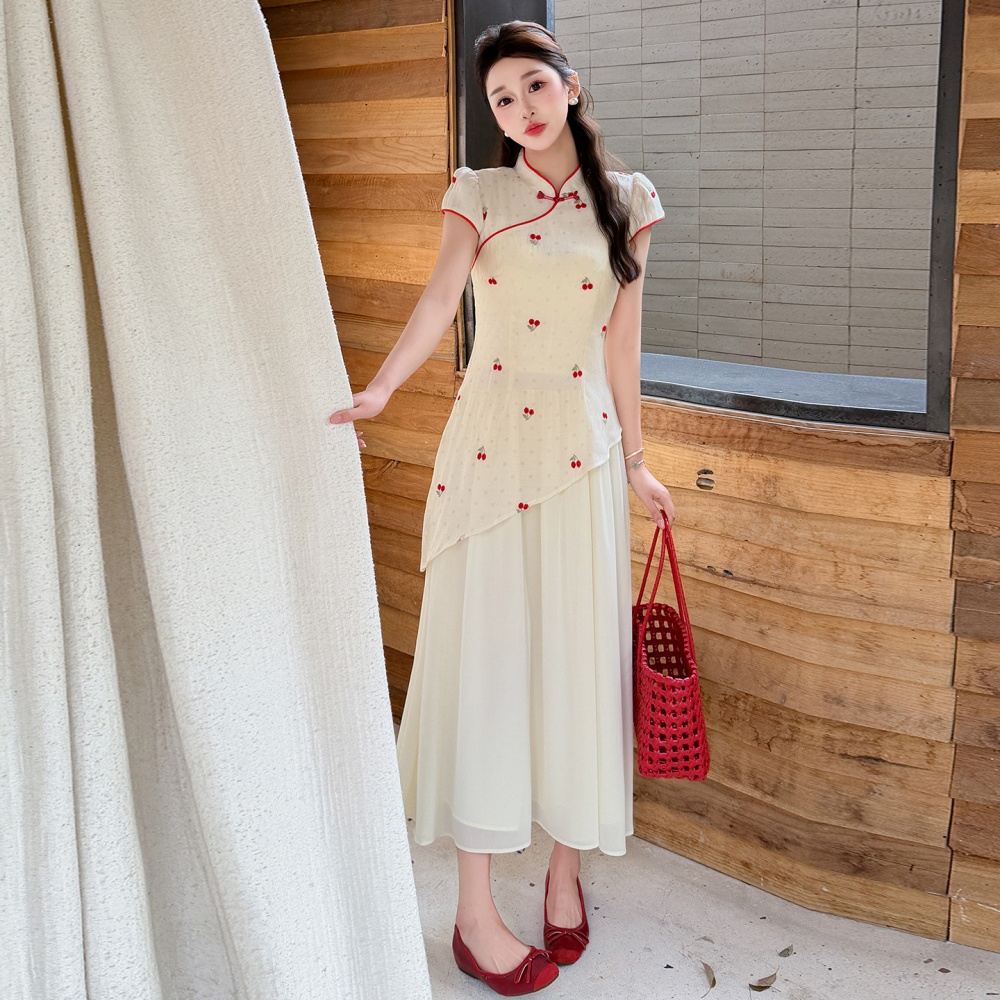 Splice summer embroidery dress big skirt sweet cheongsam