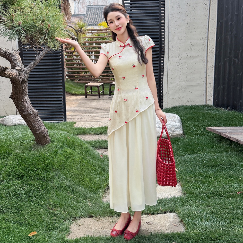Splice summer embroidery dress big skirt sweet cheongsam
