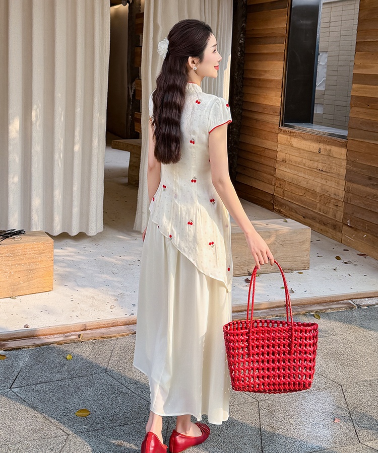 Splice summer embroidery dress big skirt sweet cheongsam