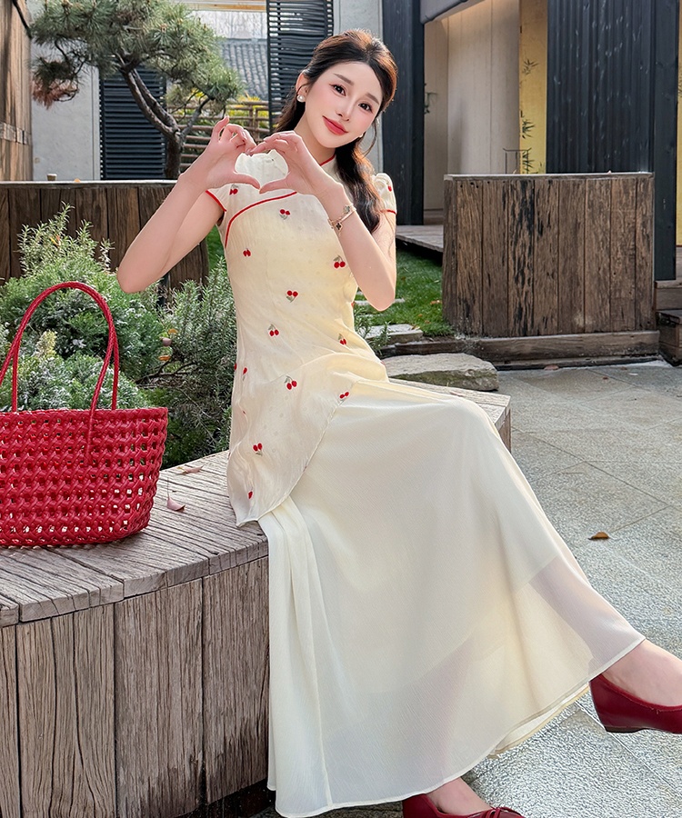 Splice summer embroidery dress big skirt sweet cheongsam