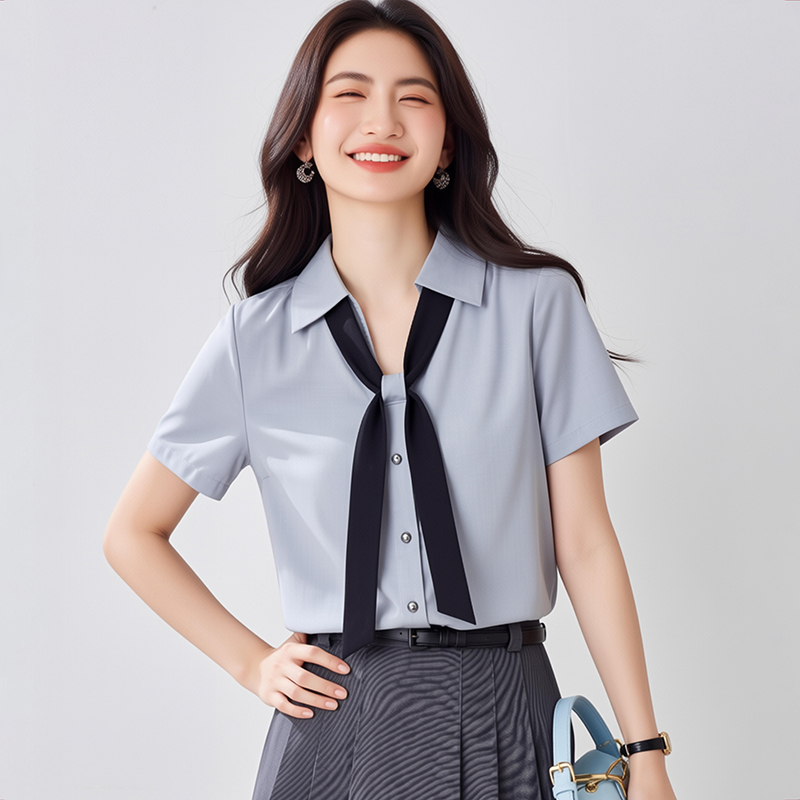Gray profession summer shirt commuting V-neck tops for women