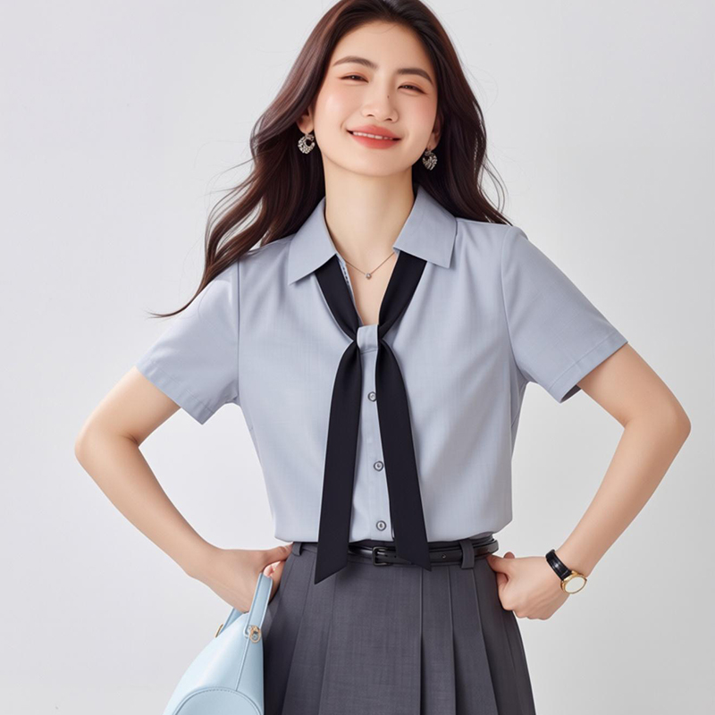 Gray profession summer shirt commuting V-neck tops for women