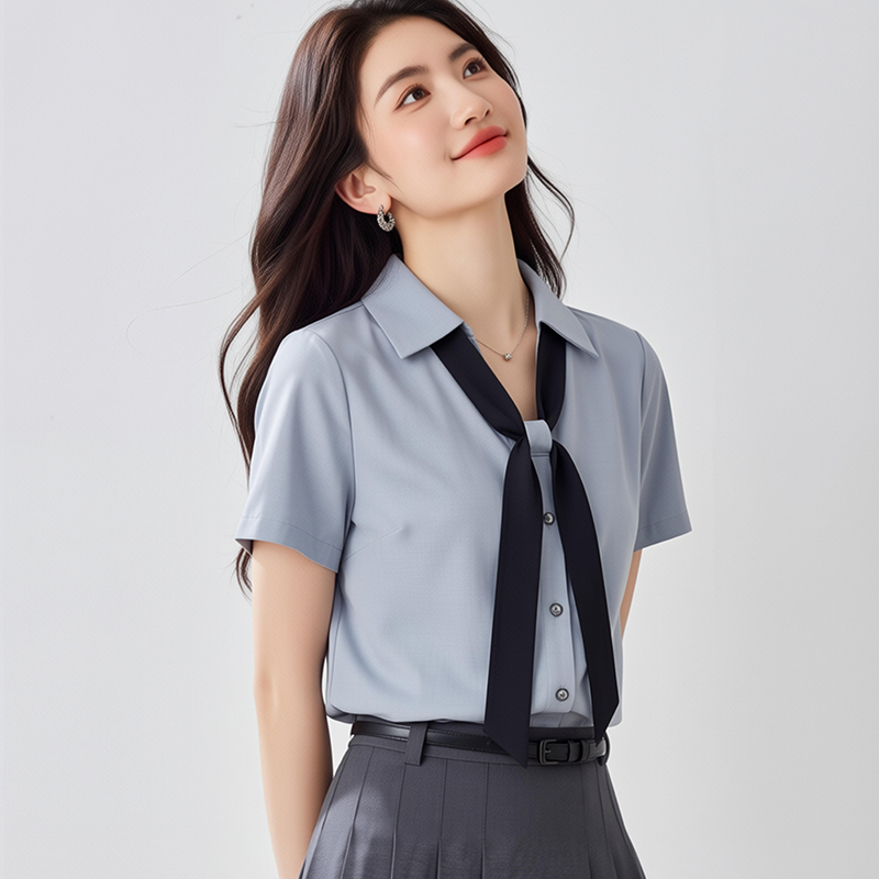 Gray profession summer shirt commuting V-neck tops for women