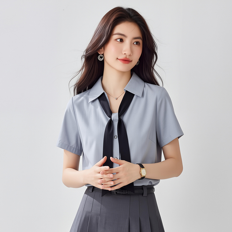 Gray profession summer shirt commuting V-neck tops for women