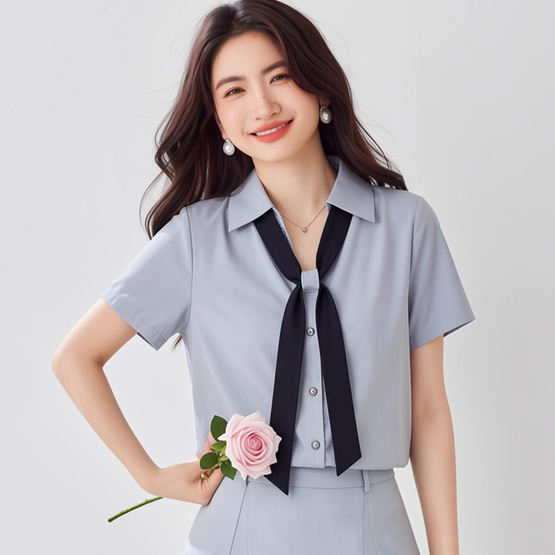 Gray profession summer shirt commuting V-neck tops for women