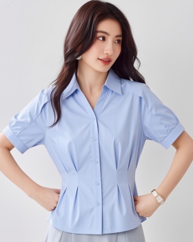 Thin summer tops pinched waist lapel shirt for women
