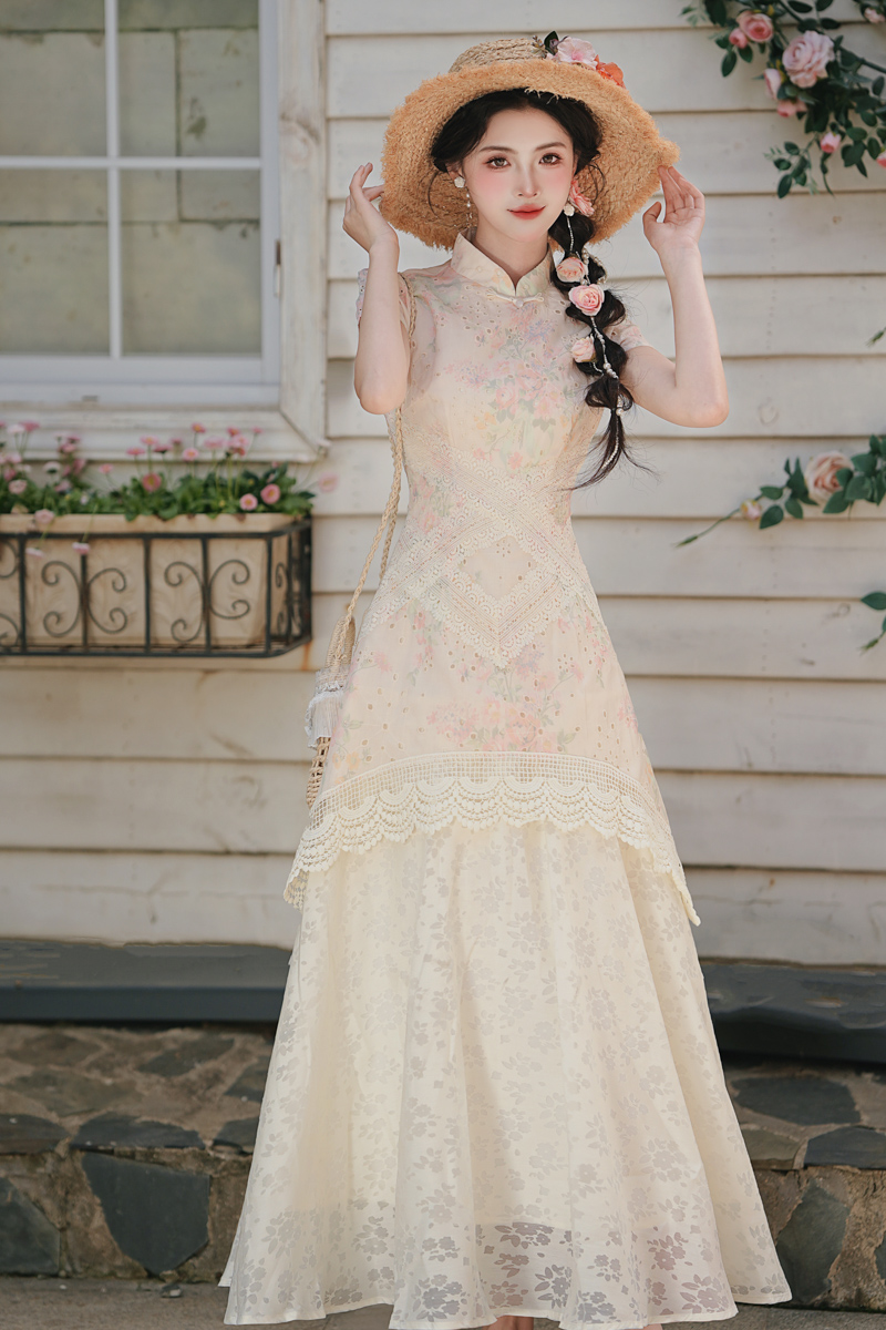 Floral lace dress hollow unique cheongsam for women