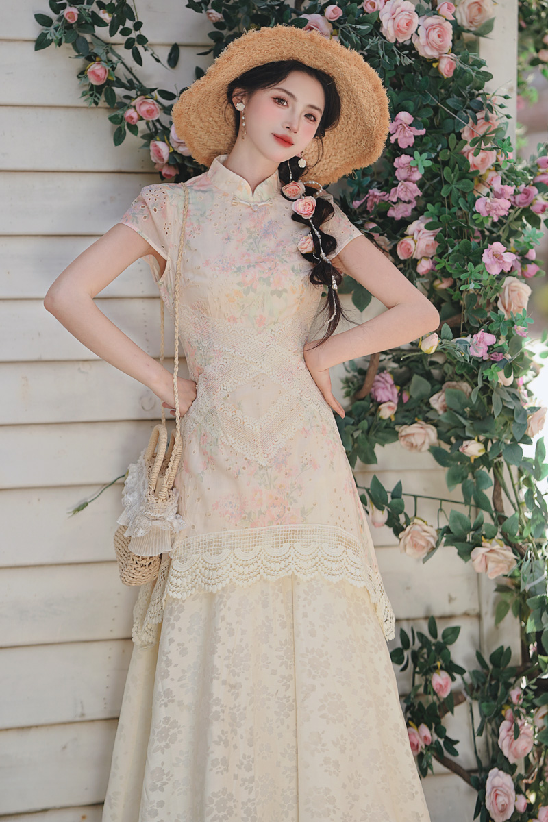 Floral lace dress hollow unique cheongsam for women