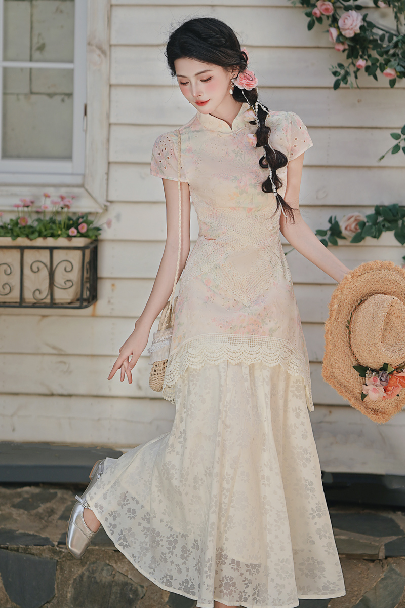 Floral lace dress hollow unique cheongsam for women