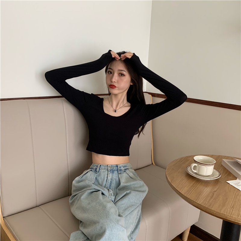 Short slim tops long sleeve V-neck T-shirt