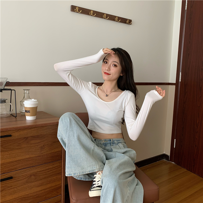 Short slim tops long sleeve V-neck T-shirt