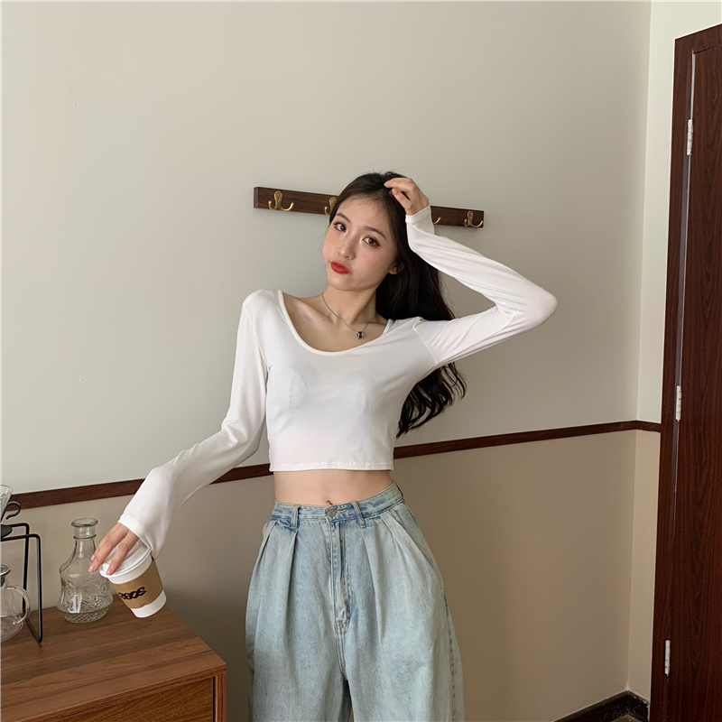 Short slim tops long sleeve V-neck T-shirt