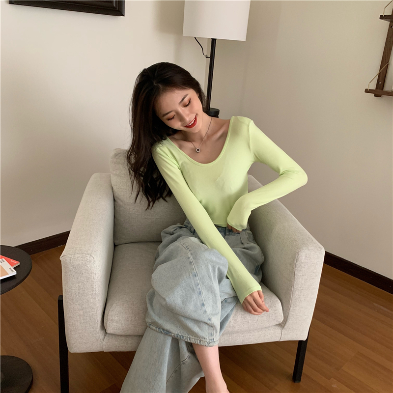 Short slim tops long sleeve V-neck T-shirt