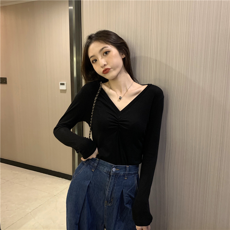 Inside the ride slim T-shirt fold V-neck tops