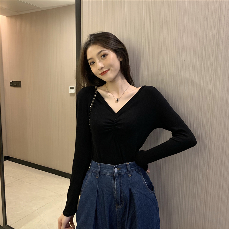 Inside the ride slim T-shirt fold V-neck tops