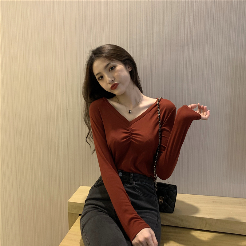 Inside the ride slim T-shirt fold V-neck tops