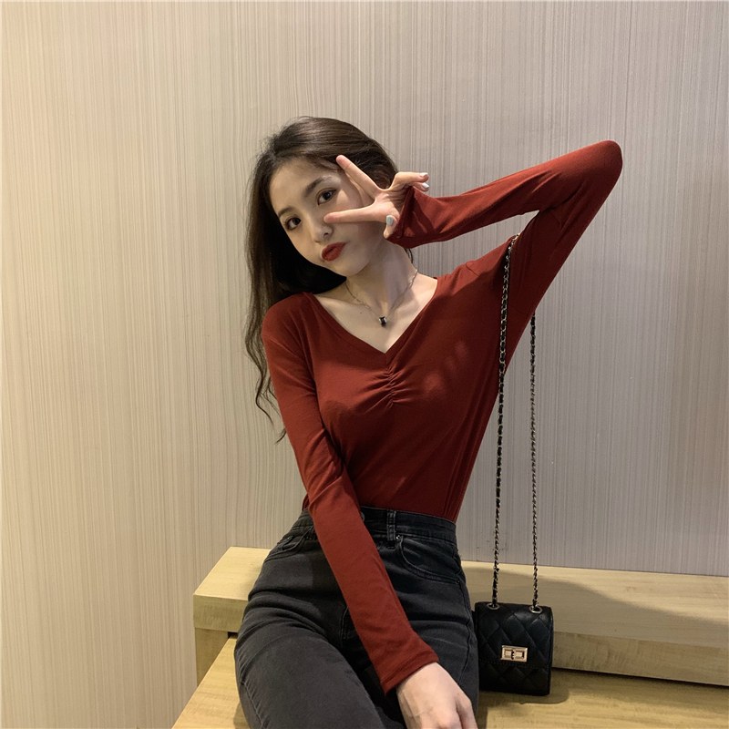 Inside the ride slim T-shirt fold V-neck tops