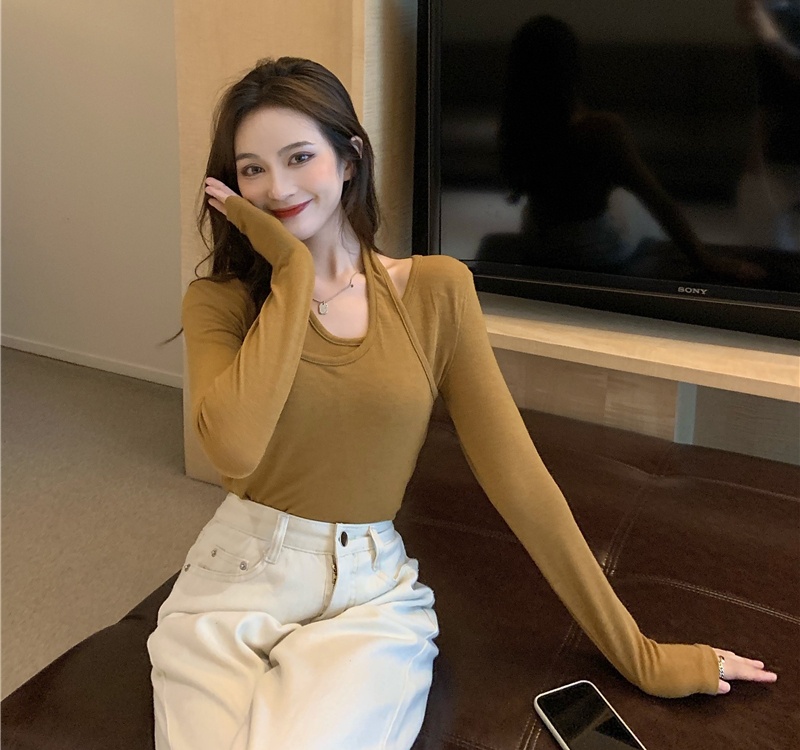 Long sleeve halter Pseudo-two niche Korean style autumn tops