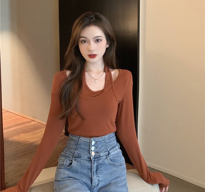 Long sleeve halter Pseudo-two niche Korean style autumn tops