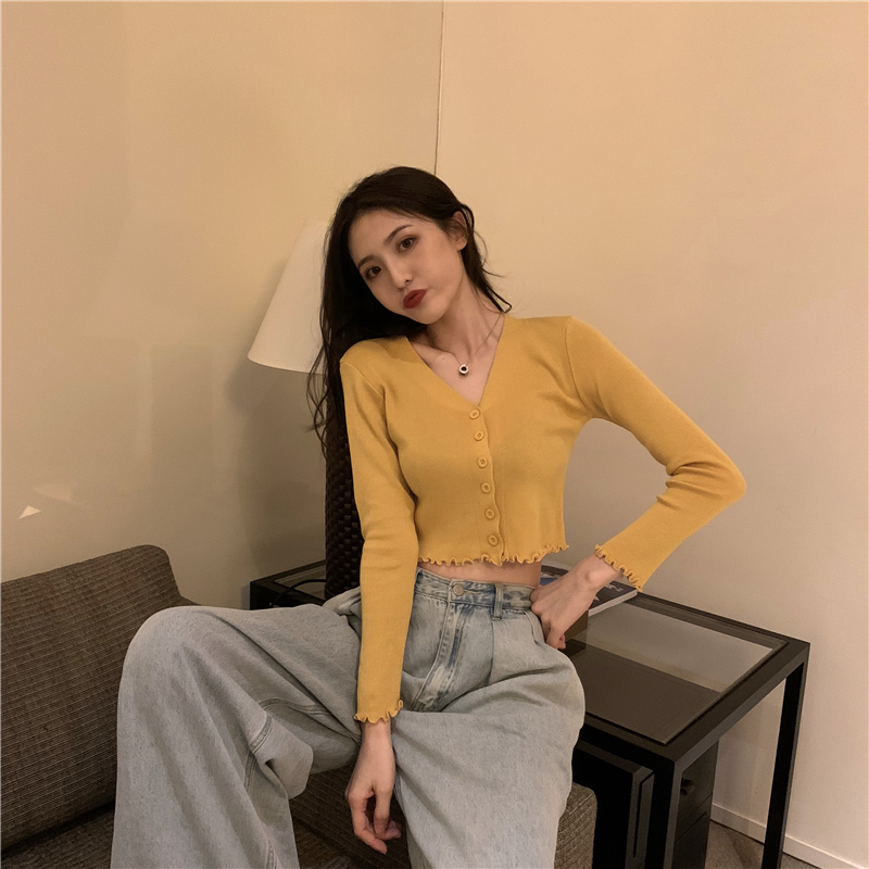 V-neck wood ear autumn cardigan thin knitted coat