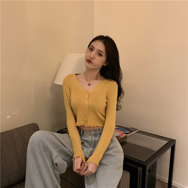 V-neck wood ear autumn cardigan thin knitted coat