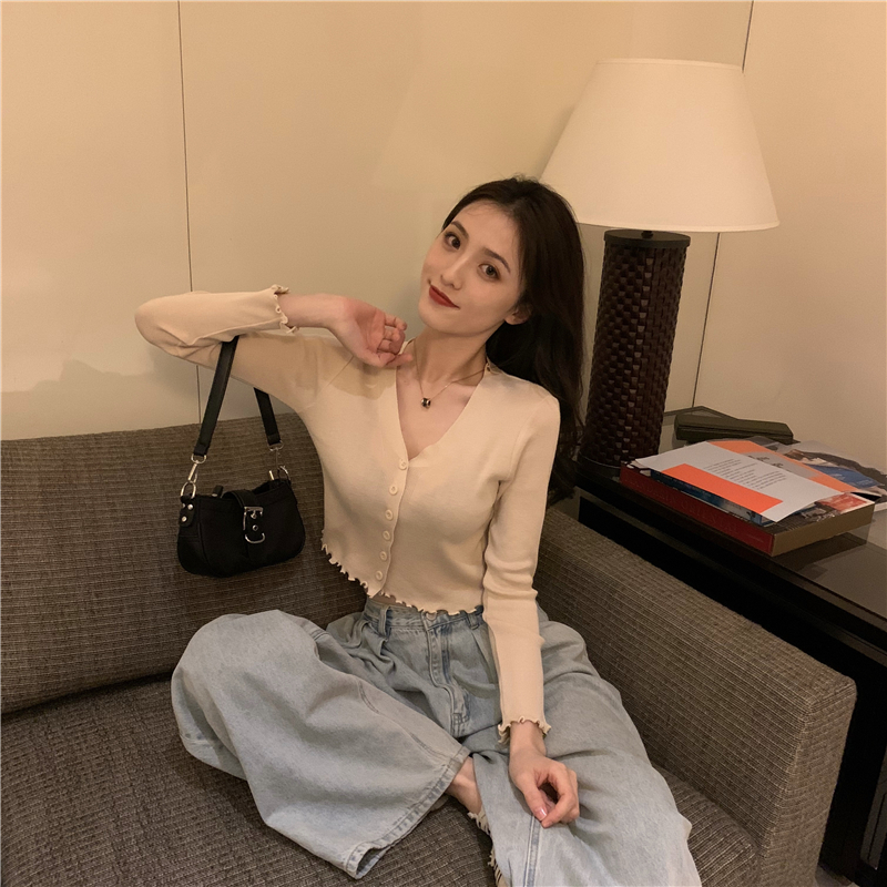 V-neck wood ear autumn cardigan thin knitted coat