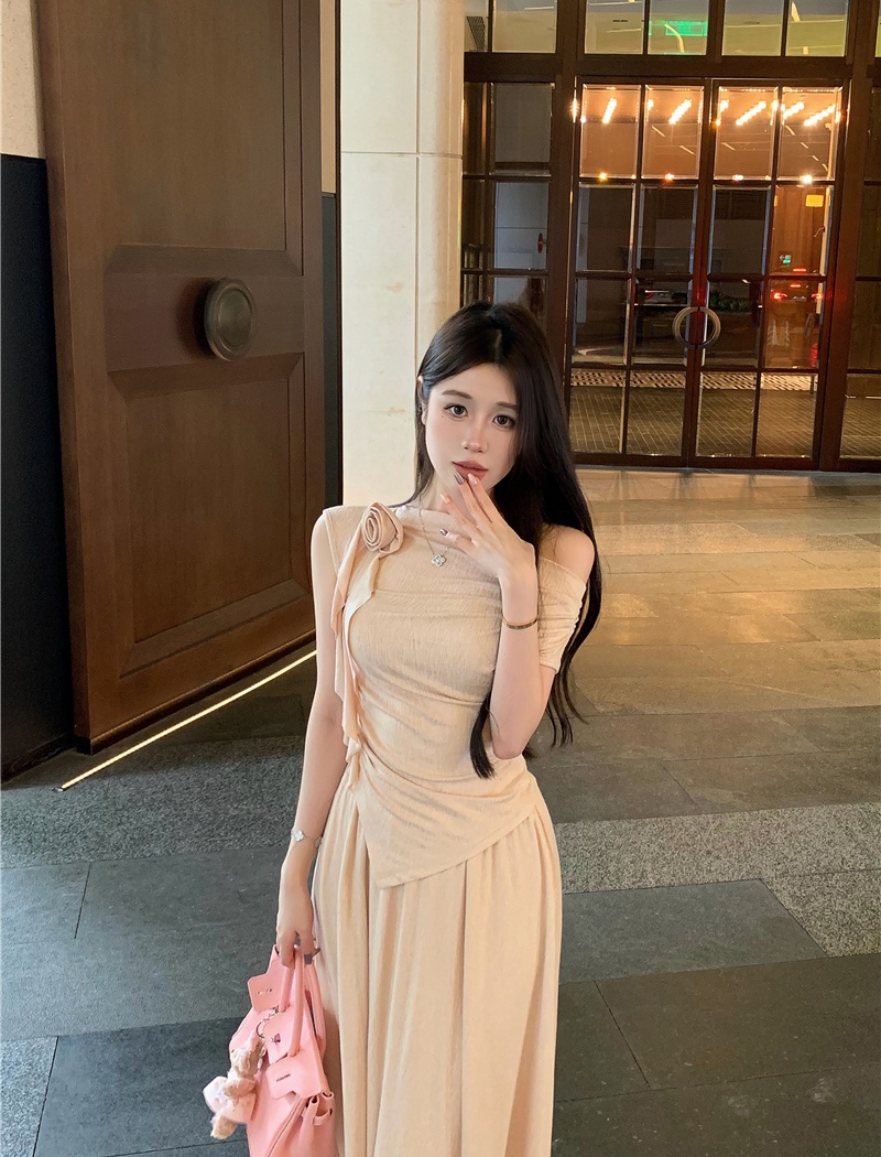 Corsage T-shirt high waist skirt 2pcs set for women