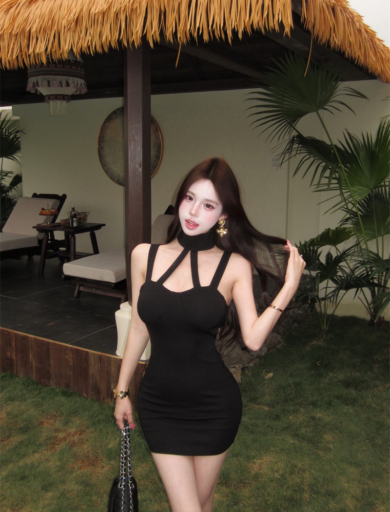 Sexy package hip dress hollow black T-back